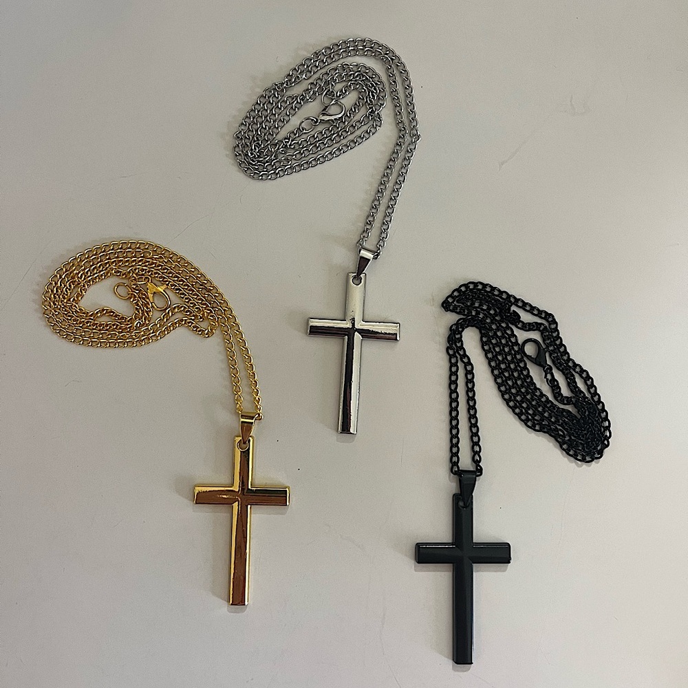 Cross Necklace 24 inch chain, in Gold, Silver, or Black